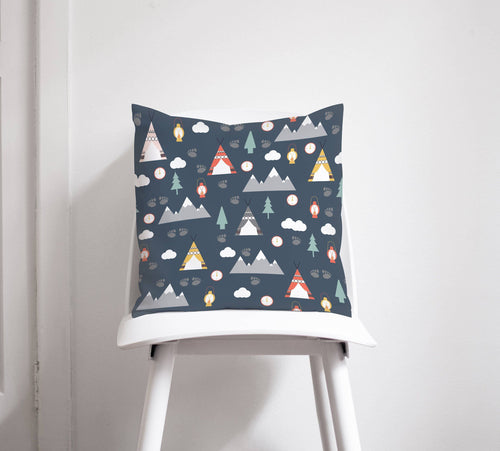 Dark Blue Cushion with an Outdoors Camping Theme Design, Throw Pillow - Shadow bright