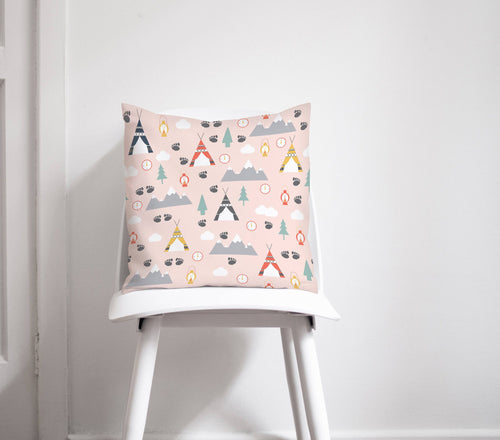 Pink Cushion with a Camping Theme Design, Throw Pillow - Shadow bright