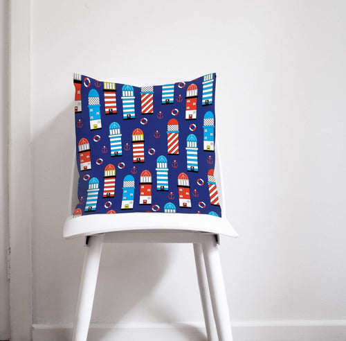 Blue Nautical Theme Cushion with Lighthouse Design, Throw Pillow - Shadow bright