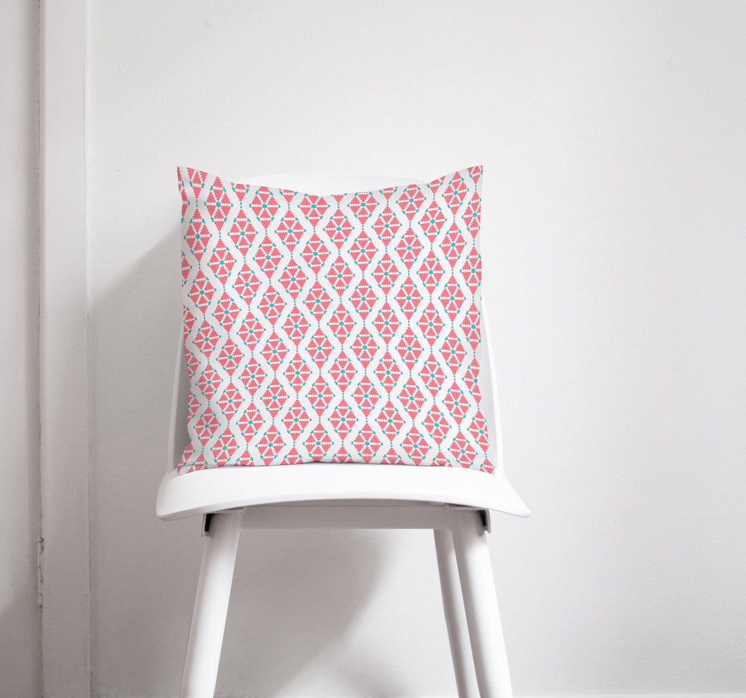 Pink Cushion with a White and Blue Geometric Design, Throw Pillow - Shadow bright
