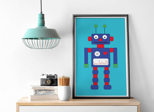 Turquoise Background with Robot Design Wall Art, Poster, Print - Shadow bright