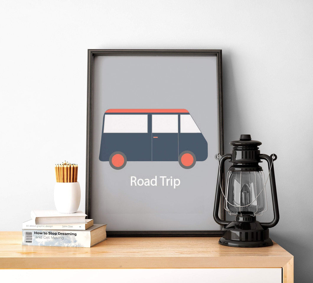 Grey Road Trip Camper Van Wall Art, Poster, Print - Shadow bright
