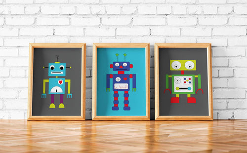 Set of 3 Robot Prints Wall Art, Poster, Print - Shadow bright