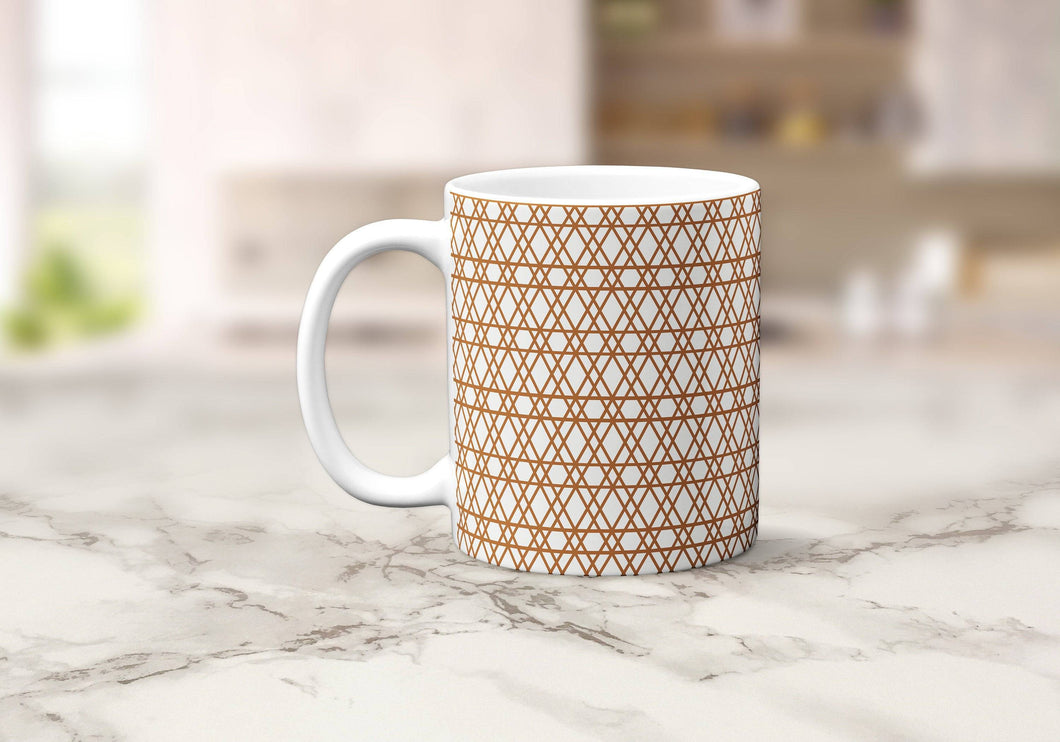 White Mug with a Copper Geometric Lines Design, Tea or Coffee Cup - Shadow bright