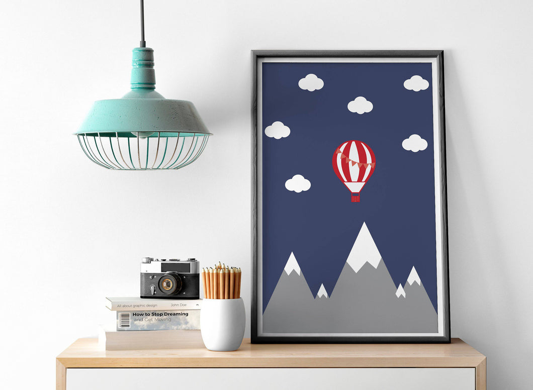 Dark Blue with Hot Air Balloon Design Wall Art, Poster, Print - Shadow bright