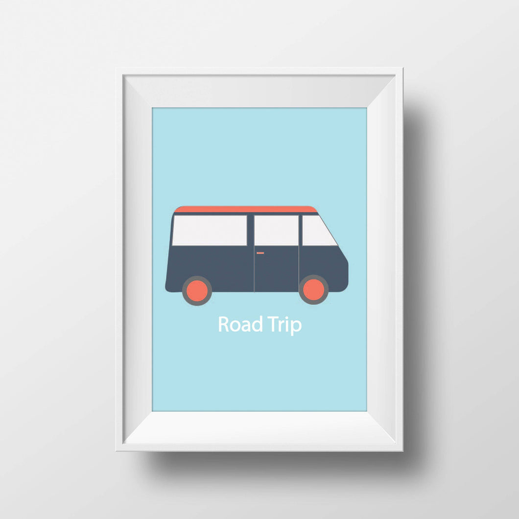 Blue Road Trip Wall Art with Camper Van, Poster, Print - Shadow bright