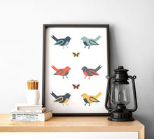 Load image into Gallery viewer, White Background with Multicoloured Birds Wall Art, Poster, Print - Shadow bright
