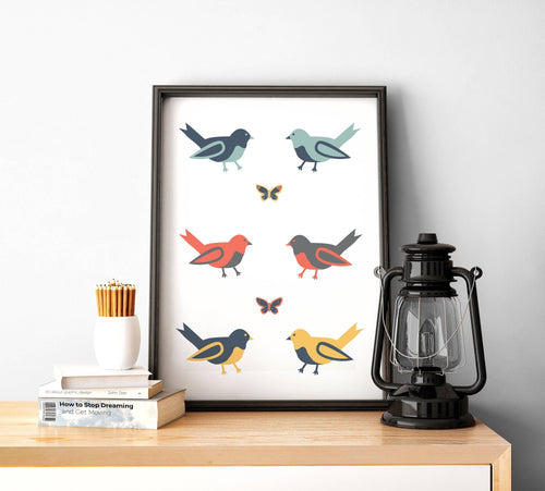 White Background with Multicoloured Birds Wall Art, Poster, Print - Shadow bright