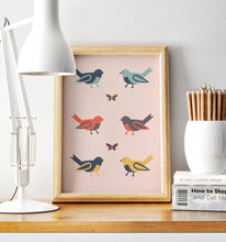 Load image into Gallery viewer, Pink with Multicoloured Birds Design Wall Art, Poster Print - Shadow bright
