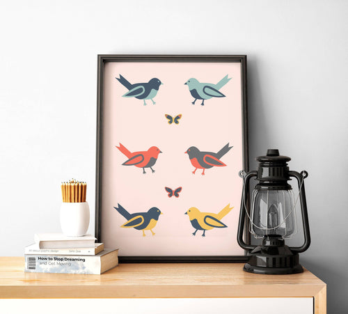 Pink with Multicoloured Birds Design Wall Art, Poster Print - Shadow bright