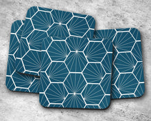 Load image into Gallery viewer, Peacock Blue Coasters with White Hexagon Design, Table Decor Drinks Mat - Shadow bright
