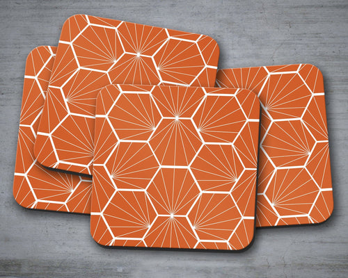 Orange Coasters with a White Hexagon Design, Table Decor Drinks Mat - Shadow bright