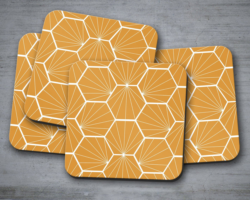 Butterscotch Coasters with a White Hexagon Design, Table Decor Drinks Mat - Shadow bright