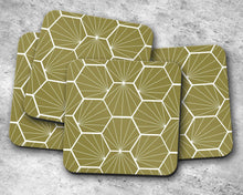 Load image into Gallery viewer, Olive Green Coasters with a White Hexagon Design, Table Decor Drinks Mat - Shadow bright
