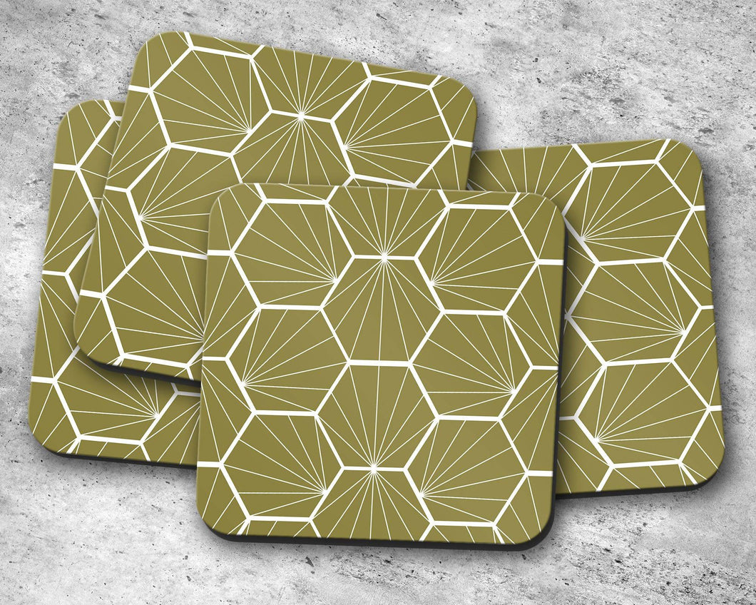 Olive Green Coasters with a White Hexagon Design, Table Decor Drinks Mat - Shadow bright