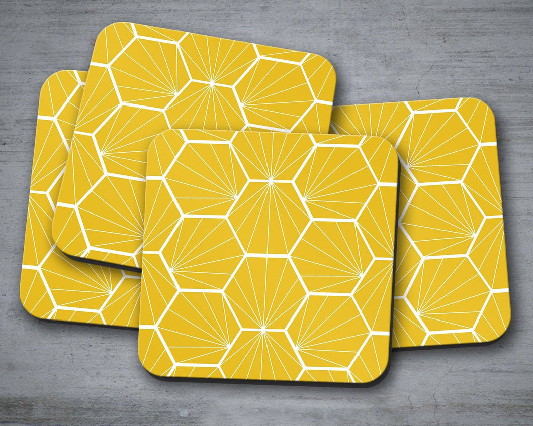 Yellow Coasters with a White Hexagon Design, Table Decor Drinks Mat - Shadow bright
