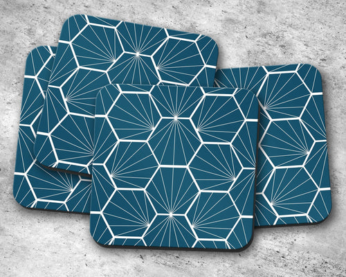 Peacock Blue Coasters with White Hexagon Design, Table Decor Drinks Mat - Shadow bright