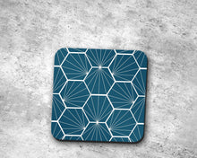 Load image into Gallery viewer, Peacock Blue Coasters with White Hexagon Design, Table Decor Drinks Mat - Shadow bright
