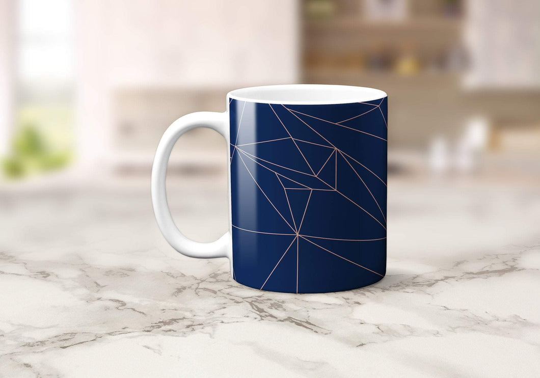 Navy Blue and Rose Gold Lines Geometric Mug, Tea or Coffee Cup - Shadow bright