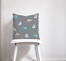 Load image into Gallery viewer, Grey with Multicoloured Elephants Design Cushion, Throw Pillow, Sofa Cushion - Shadow bright
