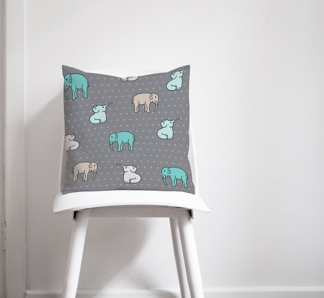 Grey with Multicoloured Elephants Design Cushion, Throw Pillow, Sofa Cushion - Shadow bright