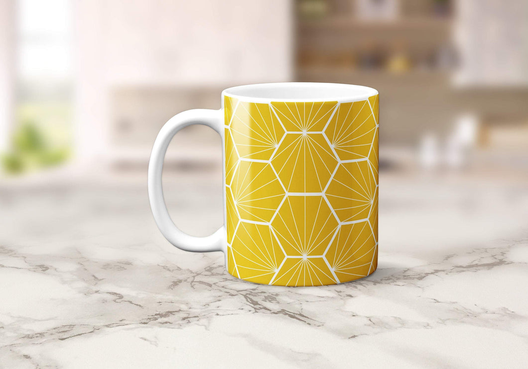 Yellow with White Hexagon Design Geometric Mug, Tea or Coffee Cup - Shadow bright