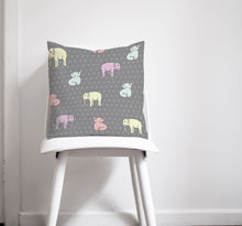 Load image into Gallery viewer, Grey Cushion with Multicoloured Elephants Design, Throw Pillow, Sofa Pillow - Shadow bright
