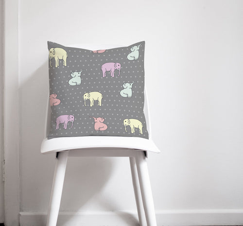 Grey Cushion with Multicoloured Elephants Design, Throw Pillow, Sofa Pillow - Shadow bright