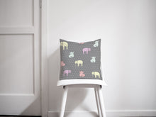 Load image into Gallery viewer, Grey Cushion with Multicoloured Elephants Design, Throw Pillow, Sofa Pillow - Shadow bright
