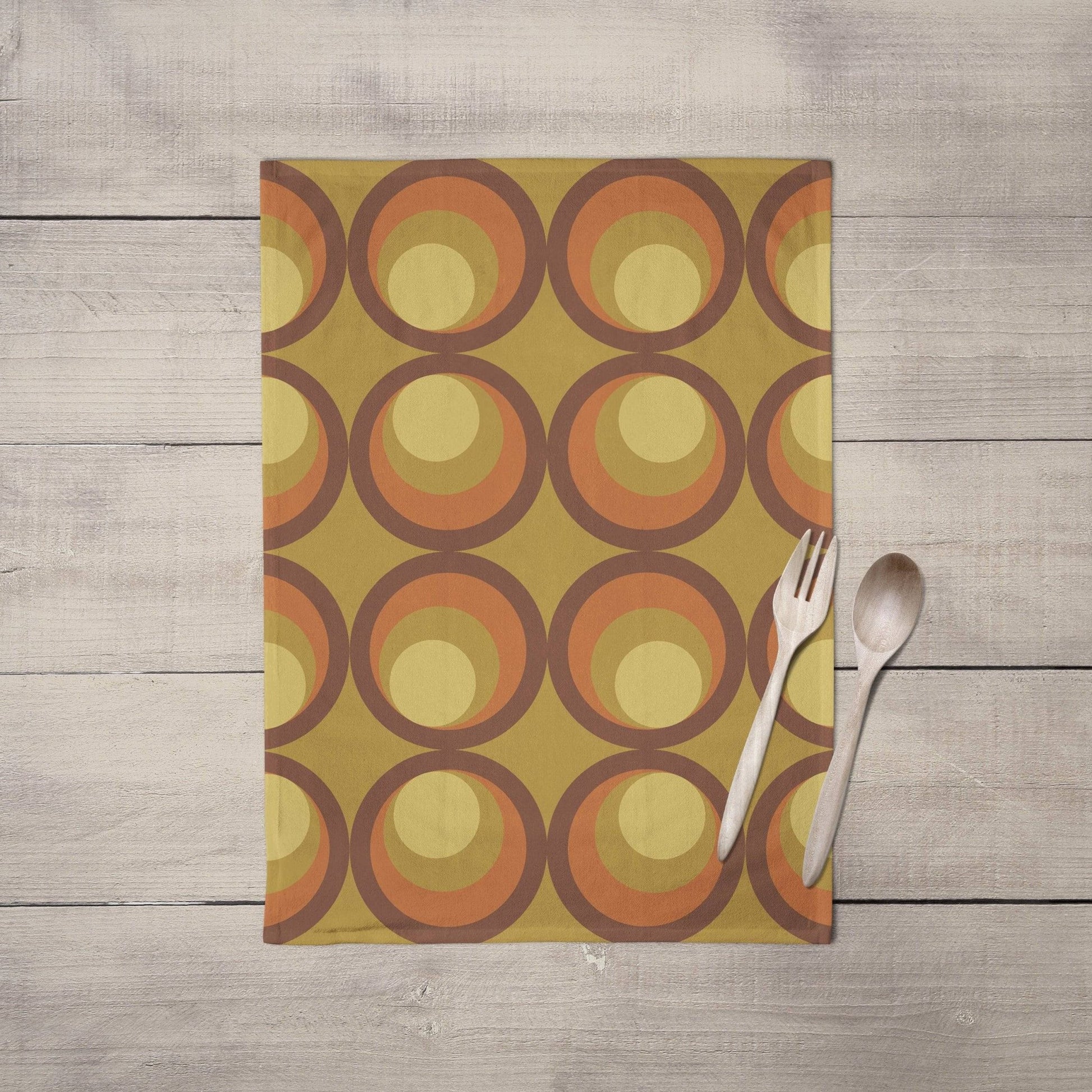 Mustard Yellow Tea Towel with Orange and Brown Retro Design, Dish Towels, Kitchen Towels - Shadow bright