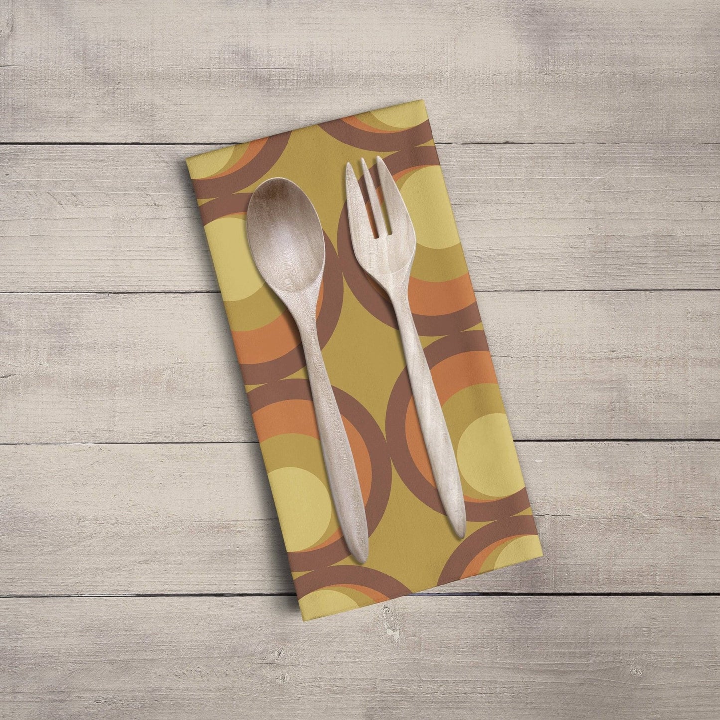Mustard Yellow Tea Towel with Orange and Brown Retro Design, Dish Towels, Kitchen Towels - Shadow bright