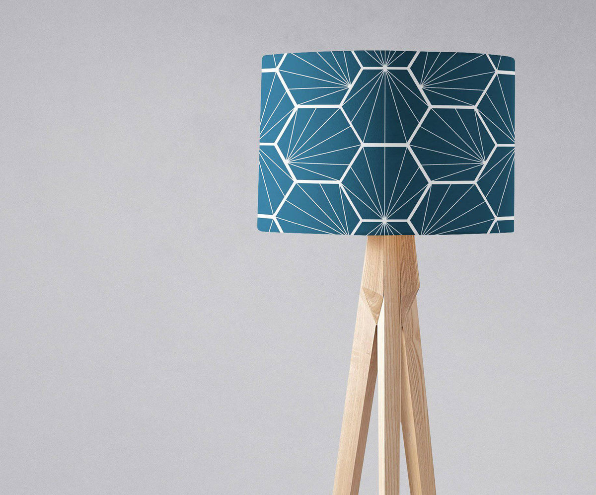 Peacock Blue Lampshade with a White Hexagon Design, Ceiling or Table Lamp Shade - Shadow bright